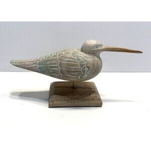 Hand Carved Painted Wooden Long Beak Bird Figurine Wooden Stand Light 80's